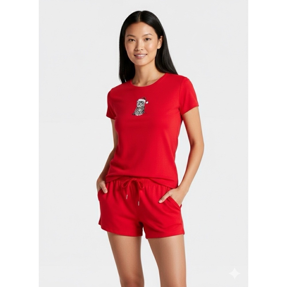 Women's Pointelle Short Sleeve Top and Shorts Pajama Set Red Santa Cat medium